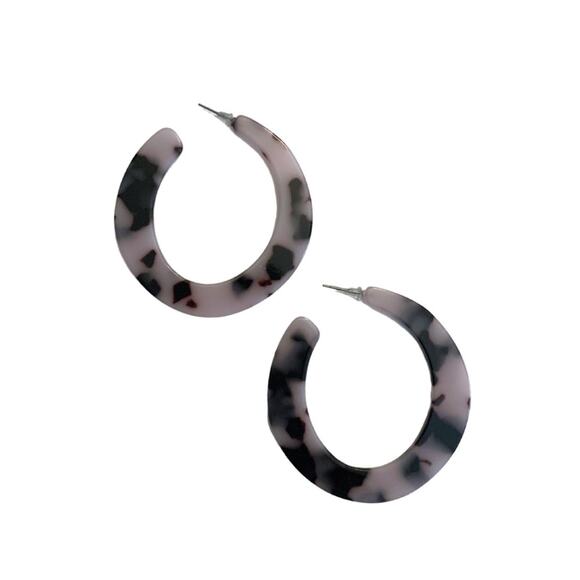 Large Gray Black Tortoise Shell Hoop Earrings Statement Bold Plastic Round Resin - Picture 4 of 6